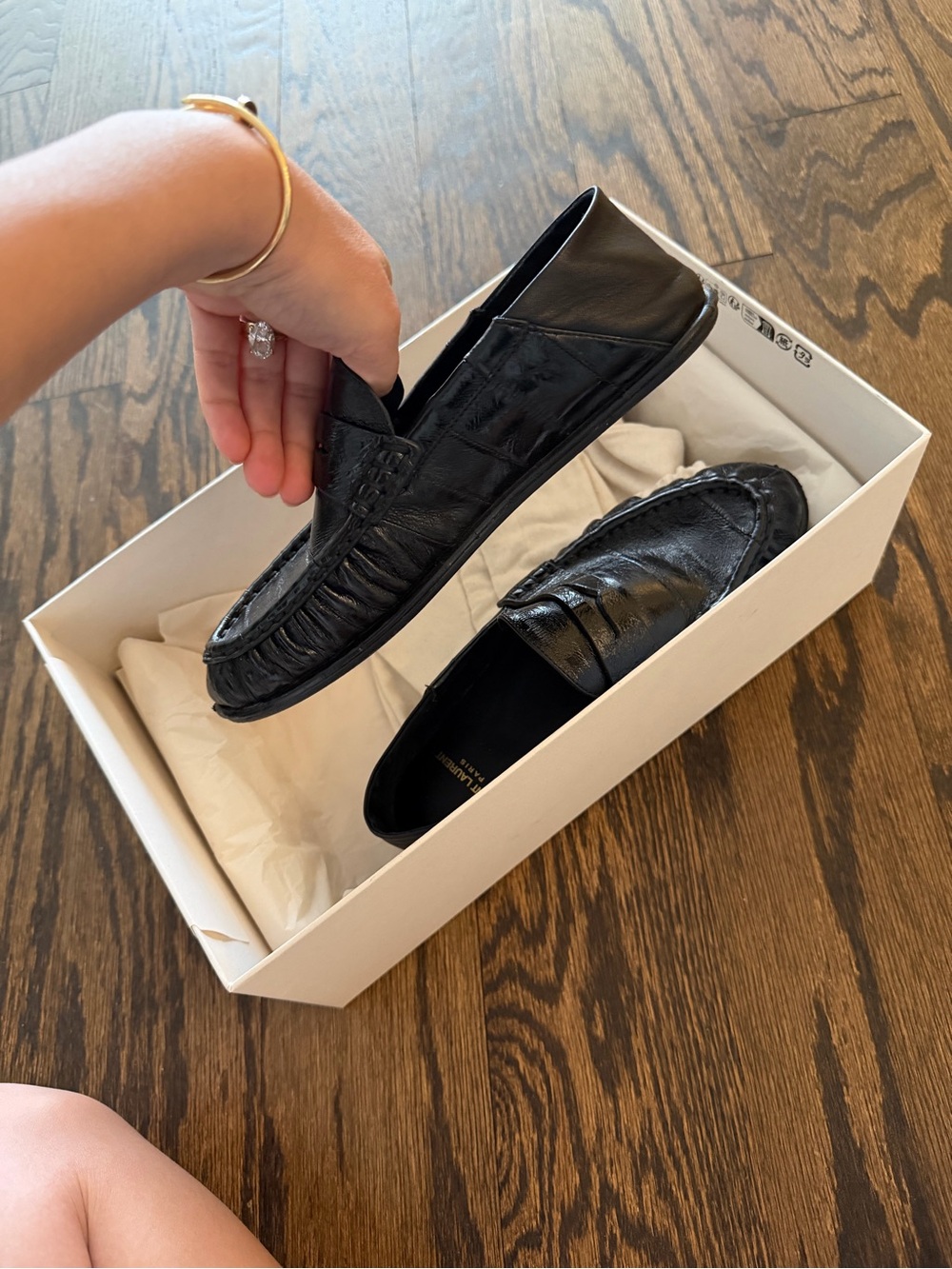 Saint Laurent Black Leather Penny Loafers with Gold Monogram - Picture 7 of 9
